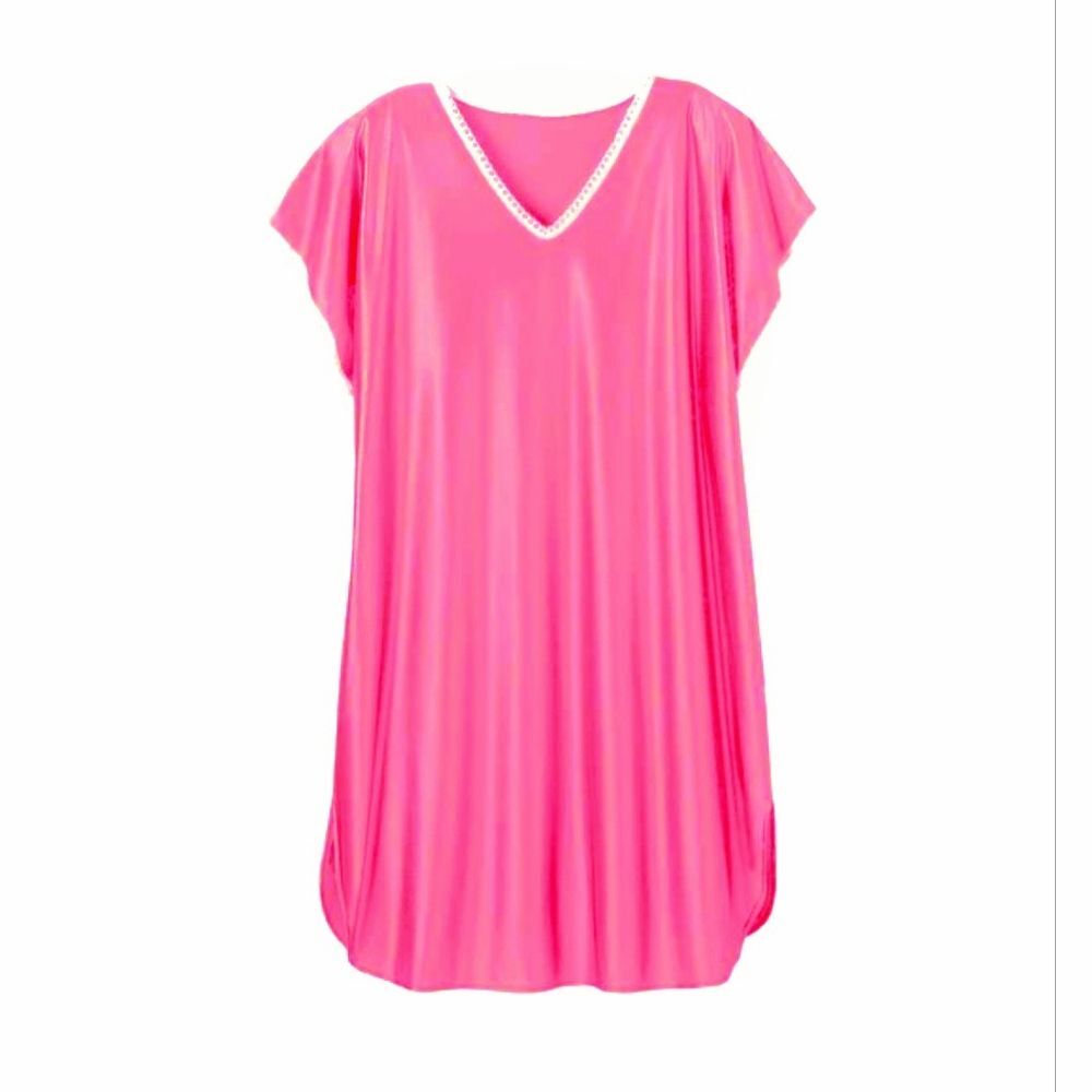 Amerimark Semi-transparent Silky V-neck Short Sleeve Nightie Lightweight Pink 1X